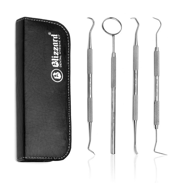 Blizzard Teeth Cleaning Tools - 4 Piece Dental Hygiene and Plaque Removal Tool Set - with Dental Mirror, Periodontal Tool, Curved Scraper and Probe