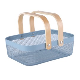 AJIODA Metal Mesh Steel Basket, Storage Organizer Baskets Garden Harvest Basket Multi-functional Kitchen Fruit Baskets Bin with Wooden Handle for Bathroom Picnic Shopping Decor Cabinet Home, Blue