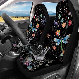 Jodoolang Boho Cartoon Dragonfly 2-Pack Universal Front Car Seat Covers, Elastic Polyester Seat Protectors for Auto Interior, Fit for Truck, SUV, Sedan, Van – Durable, Washable & Breathable