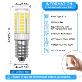 Megereet E14 LED Bulb Dimmable 4W 120V European Light Bulbs 40W Equivalent Candelabra Bulbs for Cooker Hood Bulbs Turkish lamp Bulb, E14 Socket Light Bulb Daylight White 6000K (2 Pack)