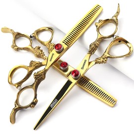 Professional Hairdressing Scissors 7/7.5/8 Inch Hairdressing Scissors Gold and Black Gold Dragon Scissors (6 Inch 3-Piece Set)