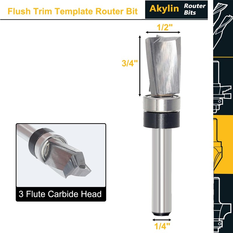 Downcut Spiral Flush Trim Router Bit 1/4 Shank, Carbide Head