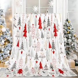 JarThenaAMCS Christmas Throw Blanket Gray Red Xmas Tree Fuzzy Blanket Decorative Soft Cozy Flannel Blanket for Christmas Holiday Home Bed Sofa Couch Chair, 50 x 60 Inch