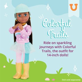 Glitter Girls – 14-Inch Doll Clothes – Horseback Riding Outfit – Pink Sweater & Tutu Leggings – Yellow Riding Boots & Helmet – 3 Years + – Colorful Trails