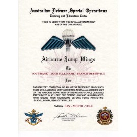 Australian Defense Special Opp Airborne Jump School Wing Replacement Certificate