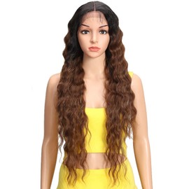 Joedir Lace Front Wigs Long Wavy Synthetic Wigs For Black Women 130% Density Ombre Black to Gray Wigs with Baby Hair (76 cm (Pack of 1), ombre brown 1)