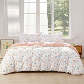 SAPHREAS White Pink Floral Duvet Cover Twin Size 2pcs Blooming Blue Pink Flowers Printed Comforter Cover Sets Cotton 1 Quilt Cover 1 Pillowshams