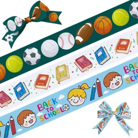Habbiful 3 Rolls 15 Yards Back to School Ribbons for Gift Wrapping Crafts, 3/8" Preschool Grosgrain Ribbon Sports Ball Pencil Books Ribbons for First Day of School Kindergarten Party Decoration