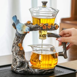 Glass Kungfu Teapot Set Tea maker with Infuser Semi Automatic Tea Set (Blue bird)
