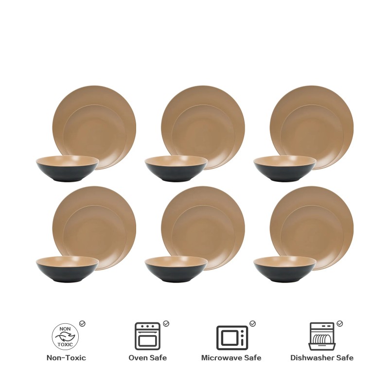 18Pc Darkbeige Elegant Cookware Plates Simple Design Stoneware Ceramic Dishes