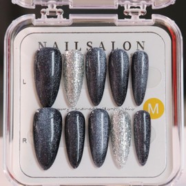 CAMILCY Handmade Nails Press on Long Pointed Almond Shaped Deep Gray Cat Eye FlicKer Hand painted Reusable Gel UV Finished Pre shaped False Nails for Women 10pcs 3D Handmade Nails (A029, M)