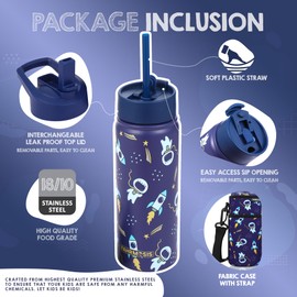 FAHRMOSIS 18 OZ Kids Water Bottle with Carrier Bag & Strap Leak Proof Metal Insulated Stainless Steel Tumbler with 2 Lids (Flip & Spout) for School & Sports Water Bottle with Straw - Black (Space)