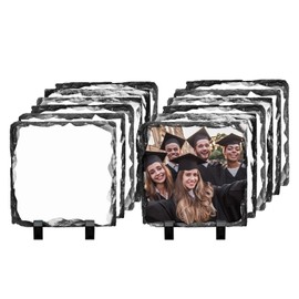 PYD Life 12 Pack Sublimation Photo Slates Rock Blanks 5.5 x 5.5 Inch Bulk Square Stone Frame White with Display Holder for Heat Transfer Printing