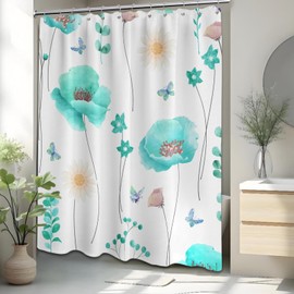 soeeao Teal Watercolor Floral Shower Curtain Turquoise and Aqua Spring Summer Modern Minimalist Flower Shower Curtains for Bathroom Decor, Waterproof Cloth Fabric with Hooks, 70x72 in
