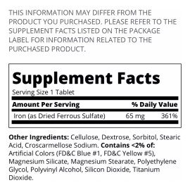 **Hierro 65 mg Premium (Sulfato Ferroso 325 mg)**, 120 Cápsulas, Sin Sabor
