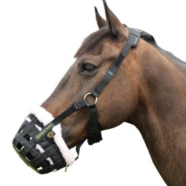 T TEKE Nano-Duro II Deluxe Horse Grazing Muzzle with Fleece Fur Lining, Full Adjustable Neoprene Cushion Halter