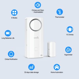 Onvis Thread Door Sensor Alarm Chime, Entry Smart Contact Sensor with with Thermometer Hygrometer, Entry Burglar Alert for Home Security System, 120dB, Adjustable Volume, Works With Apple HomeKit