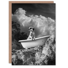 Artery8 Greeting Card Meerkat in Bathtub Surreal Bath Time Black White Blank For Him Or Her Art Birthday Card