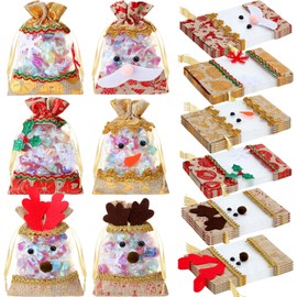 Windyun Christmas Burlap Gift Bags with Drawstring Christmas Bags Drawstring Goody Gift Bags Small Xmas Candy Linen Treat Sacks Wrapping Xmas Holiday Party Favors(24 Pcs)
