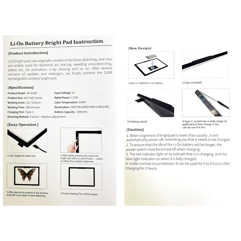 Wireless Rechargeable A4 LED Light Pad w/Built-in Riser Stands, 6