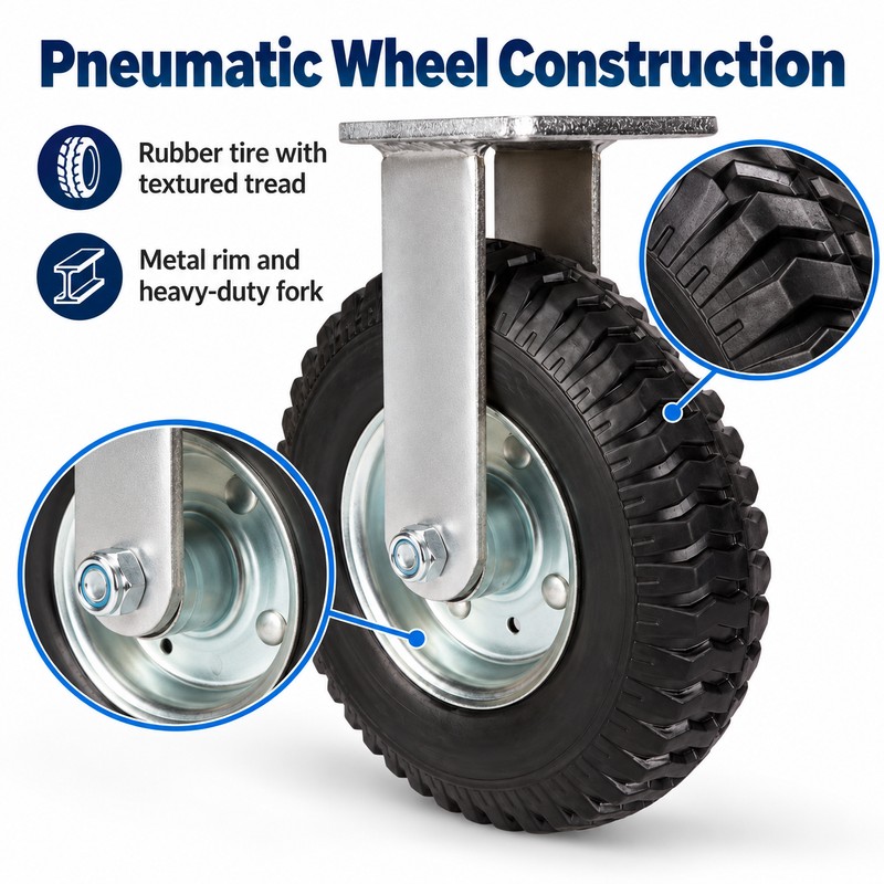 10-Inch Pneumatic Swivel Caster Wheel, Inflatable Rubber Tire with Metal