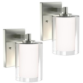 Wall Sconces Set of Two: Bathroom Sconce of 2, Silver Vanity Fixtures with Double Clear Glass Shade, E26 Base Hardwired Farmhouse Wall Lights for Bedroom Living Room Bathroom (Bulb not Included)