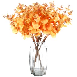 Tinsow Artificial Eucalyptus Stem Real Touch Fall Leaf Faux Long Eucalyptuses Branches Wedding Bouquet Centerpiece Harvest Thanksgiving Home Decor (Orange, 2)