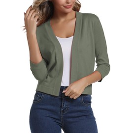 Women's 3/4 Sleeve Open Front Bolero Cardigan Shrug Solid Cardigan Top, Light Olive Green, s