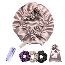 Atrube Satin Silk Bonnet for Hair with 3 Premium Scrunchies, Adjustable Silk Hair Cap for Sleeping, Satin Bonnet for Curly Hair with Ribbon Tie Band, Satin Hair Wrap drawstring (Brown)