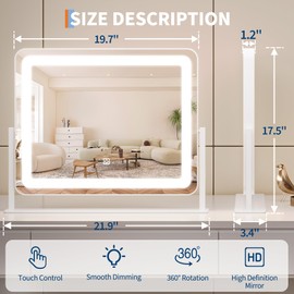 Vanity Mirror with Lights 19.6"x15.7", LED Makeup Mirror with Lights, Desk Mirrors with 3-Color Modes Dimmable Touch Control, Lighted for Bedroom, Vanity, Tabletop, White