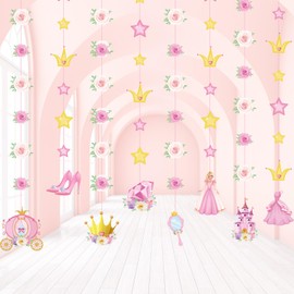 Sinload 8 Pieces Floral Princess Party Decorations Princess Theme Garland Banners Pink Gold Princess Castle Crown Carriage Paper Cutouts for Princess Birthday Baby Shower Favors Classroom Supplies
