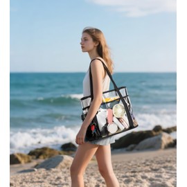 TINYAT Large Clear Tote Bag for Women Mesh Beach Bags with Zipper Transparent Travel Bags Shoulder Bag for Vacation Swim Gym