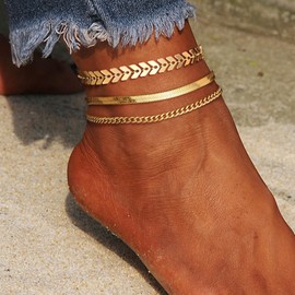 YADOCA 3Pcs Gold Anklets for Women, 14K Gold Ankle Bracelets Waterproof Women's Anklet Set Layered Ankle Bracelet Anklets for Teen Girls Jewelry Gift, 3