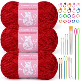 LUNARM Chenille Velvet Yarn, Yarn for Crocheting Knitting with Big Eye Needles, Handcrafts Weaving Soft Chenille Yarn for Making Blankets, Clothes, Pattern Knitting - 3 * 3.35oz, 3 * 162yds (Red)