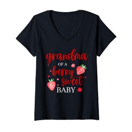 Womens Grandma Of A Berry Sweet One Strawberry Baby First Birthday V-Neck T-Shirt