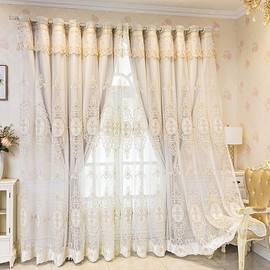 Amidoudou 1 Pair Luxury 3D Flower Embroidered Curtains for Bedroom European Double Layer Curtains with Valances for Living Room (Beige,52x84 Inch)