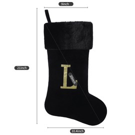 Yehnois - Medias de Navidad con monograma inicial de 20 pulgadas, cuerpo de terciopelo negro de lujo con letra bordada de felpa súper suave, decoración de temporada de día festivo (F)
