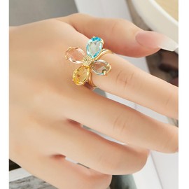 Kokoma Crystal Flower Statement Ring for Women Multi-Color CZ Stones Bohemian Floral Ring Promise Engagement Rings Wedding Band Adjustable Fashion Jewelry (Colorful)