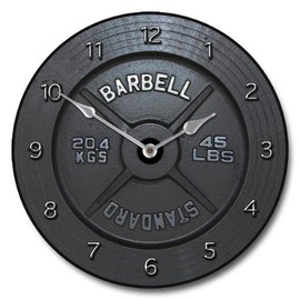 Barbell Wall Clock, Available in 8 Sizes, Most Sizes Ship The Next Business Day, Whisper Quiet.