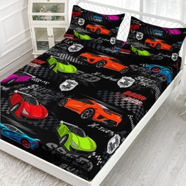 AILONEN Sport Car Fitted Sheet for Kids Boys Full Size, Racing Flag Black White Bedding Set for All Season,Race Sports Car Bed Sheet Set,1 Fitted Sheet 2 Pillowcases,3 PCS