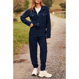 PRETTYGARDEN Womens 2024 Winter 2 Piece Outfit Tracksuit Long Sleeve Button Down Shacket Jacket Pockets Long Pants Casual Set (Navy,X-Large)