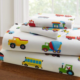 Mk Home 3pc Twin Size Sheet Set Police Cars Construction Trucks Airplane Blue Red Yellow Green Black New