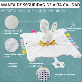 KOSMOX Manta de Apego para Bebé con Sonajas, Manta de Elefante & Conejo, Juguetes para Bebé de 0 a 6 Meses con Mordedera para Bebé Mordedor de Silicona y Etiquetas (Rosa Gris)