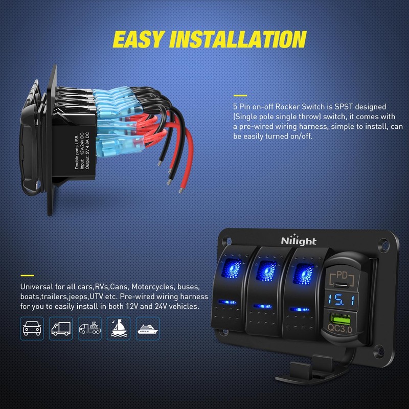 Nilight 3 Gang Rocker Switch Box 12V SPST ON Off
