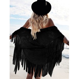 CHOiES record your inspired fashion Women's Suedette Cut Out Asymmetric Fringed Cape Kimono Blouse with Tassel Black