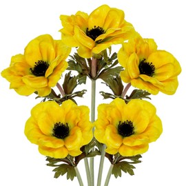 5Pcs Anemone Flowers Artificial Silk Flowers 20.9" Yellow Faux Flowers Realistic Fake Flowers for Decoration Faux Poppies Anemone Artificial Flowers Bulk for Vase Centerpieces Home Wedding Bouquet