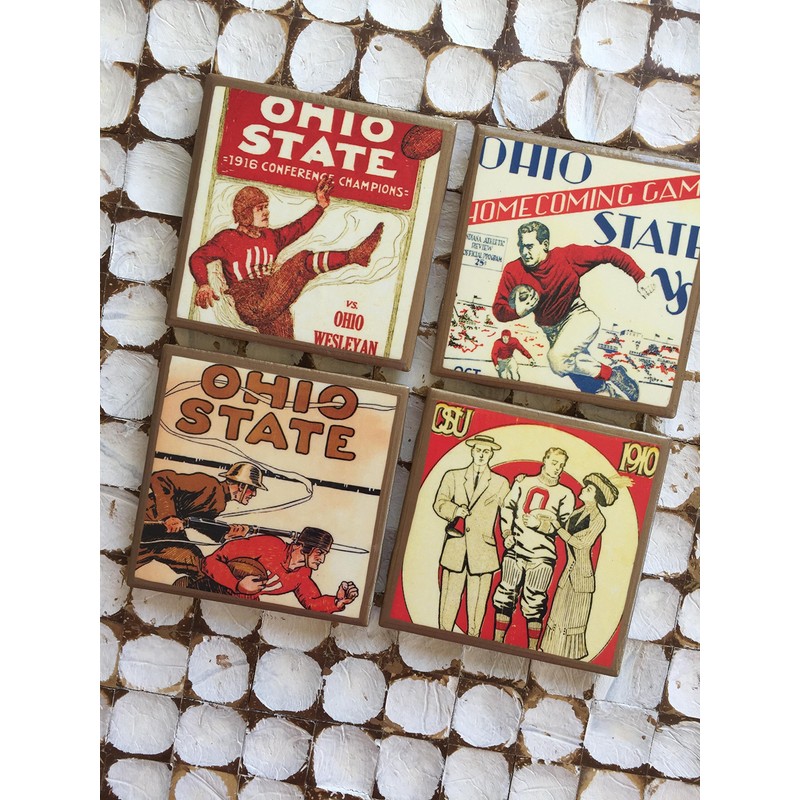 Ohio State vintage program cover coasters with gold trim
