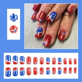24pcs 4th of July Press on Nails Short Square American Flag Fake Nails with Glitter Designs Independence Day Fireworks Stick on Nails Star False Nails French Tip Full Cover Glue on Nails for Women