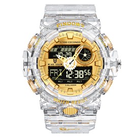 PINDOWS Watch for Men Digital Sports Watch, Outdoor Waterproof Military, LED Screen Large Face Dual Dial Time and Stopwatch Alarm Wristwatch (White Gold)