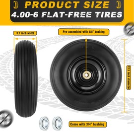 4.00-6 Flat-free Tire and Wheel, 13" Wheelbarrow Wheels and Tires with 5/8" or 3/4" Bearings 4.00-6 Solid Tires Replacement for Wheelbarrow, Gorilla Cart, Hand Trucks, Garden Carts(2 PCS)